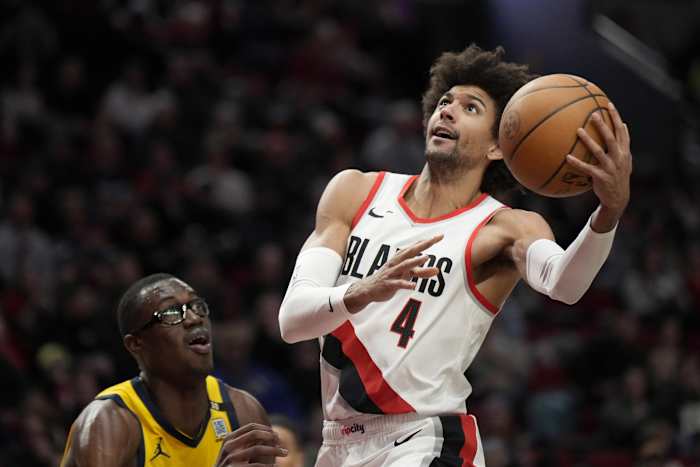 Portland Trail Blazers shooting guard Matisse Thybulle (4) shoots the ball against Indiana Pacers power forward Jalen Smith